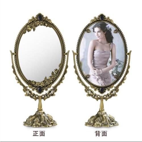 Vintage oval bronze one face desktop table makeup with picture frame cosmetic dresser mirror embossed cut-out J067