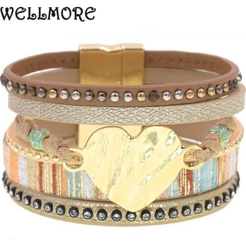 WELLMORE Leather Bracelets for Women 2020 Fashion heart Bracelets & Bangles Elegant Multilayer Wide Wrap Bracelet Jewelry