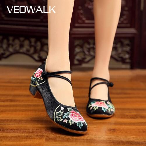Veowalk 4cm Block Heel Women Velvet Cotton Fabric Embroidered Shoes Ankle Strap Retro Comfortable Pumps for Elegant Ladies