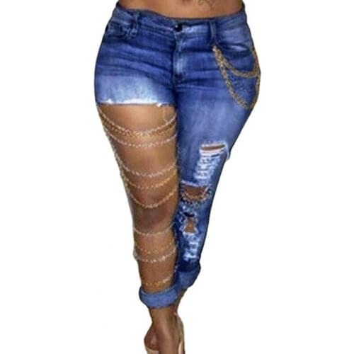 Plus Size Women Jeans New Fashion Mid Rise Exaggerated Ripped Holes Skinny Pencil Pants Casual Trousers Summer