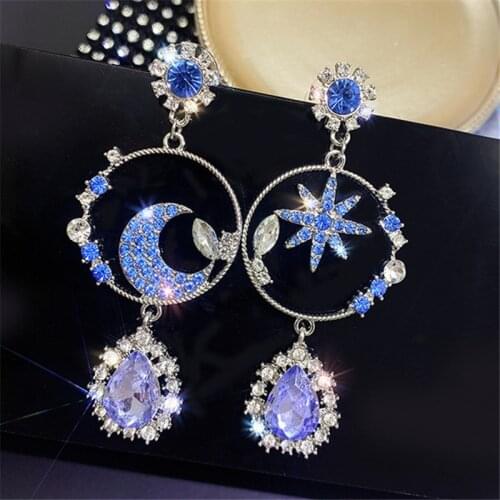FYUAN Water Drop Blue Crystal Dangle Earrings for Women Star Moon Earrings Weddings Party Statement Jewelry Gifts