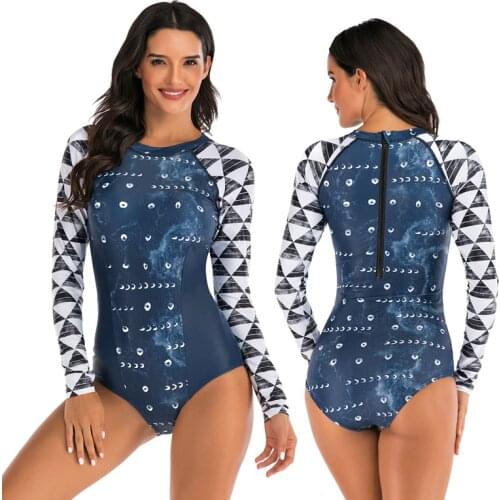 Womens Swimwear Monokini Swimsuits One Piece Long Sleeve Bathing Suits Sun UV Protection Rash Guard Back Zip Beachwear Bodysuit