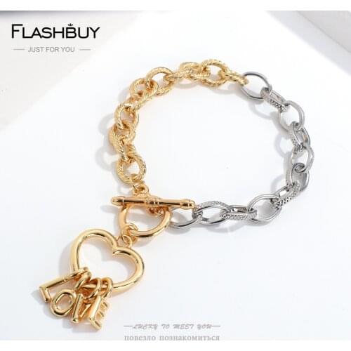 Flashbuy Vintage Gold Silver Color Chain Love Heart bracelets Women Toggle-clasps Metal Geometric 2021 New Trend Jewelry