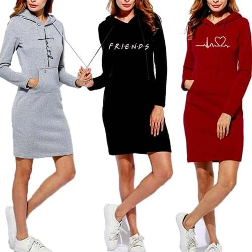 Long Hoodies Friends Print Hooded Elegant Women Fashion Sweatshirt Dress with Pocket Women Clothing Spring Autumn Casual Wear