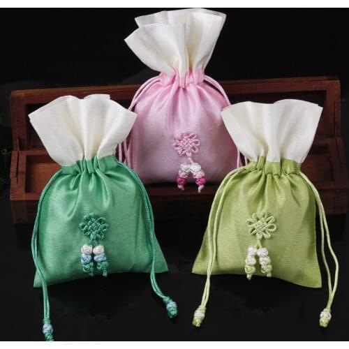 10pcs Patchwork Organza Christmas Candy Gift Bag Chinese Knot Drawstring Jewelry Pouches Empty Spice Sachet 10x15 13x18 17x23cm