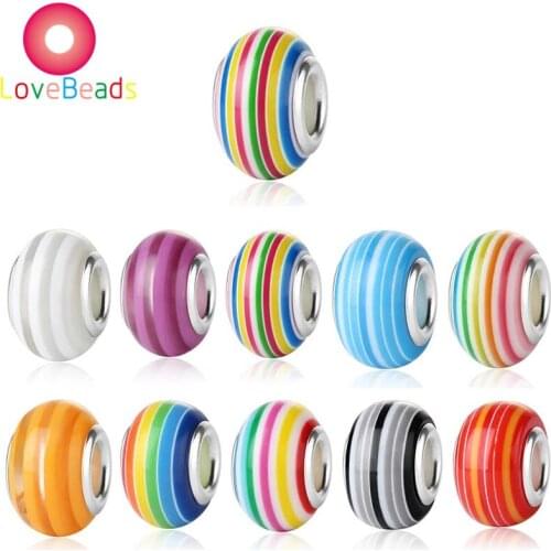 10Pcs Rainbow Stripe Color Resin Large Hole Spacer Beads Fit European Style Women Pandora Bracelet Chain Jewelry Making Supplies
