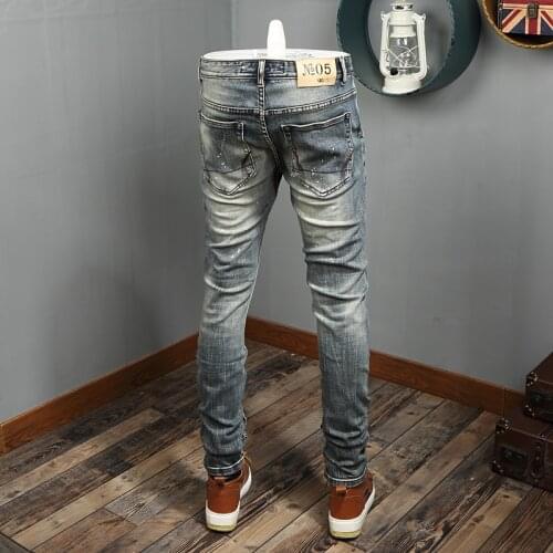 2021 New Fashion Streetwear High Quality Retro Wash Slim Fit Elastic Paint Designer Jeans Men Denim Pants Elastic Hip Hop Jeans
