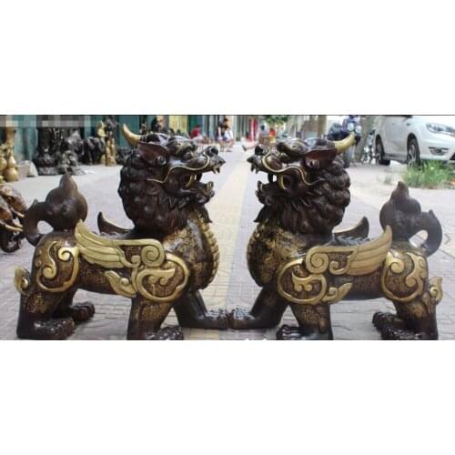 21" Chinese Copper Feng shui Pi Xiu Brave Unicorn Beast Statue Pair