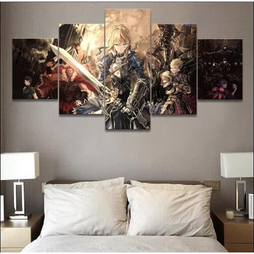 Anime Fate Stay Night Saber Lily Warrior Paintig 5 Piece Canvas Wall Art For Living Room Modular Decoration Of Bedroom