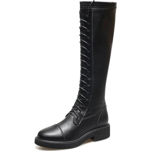 34-40 Big size Boots Spring And Winter Womens New Fall 2021 But Knee Elastic Lace Up Middle Heel Slim Knight Boots for Girls