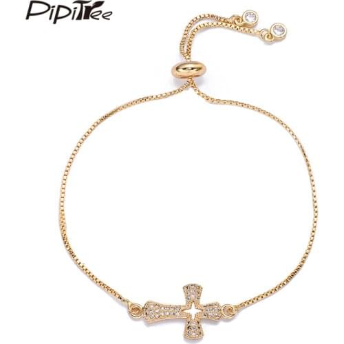Pipitree Copper CZ Zircon Cross Bracelet Rose Gold Color Adjustable Chain Charm Bracelets for Women Men Jewelry Gift