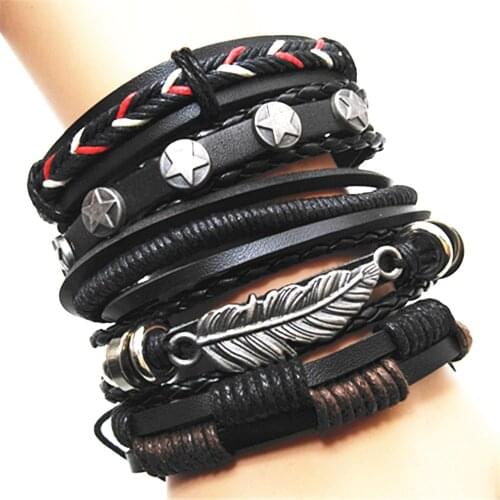 Black Feather Star Ethnic Blue Ethnic Handmade Charm Brown Bronze Leather Men Bracelets Women Fashion Bangle male Jewelry
