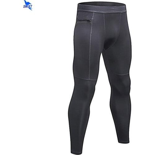 Quick Dry Solid Running Tights With Zipper Pocket High Elastic Mens Fitness Gym Sport Trousers Wicking Leggings Pants Sportswear