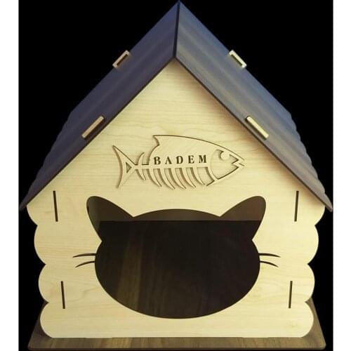 Wooden Cat House Bed Kennel Nest and Food Trough Pet Animal