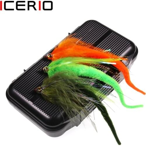 ICERIO 10PCS Saltwater Fly Fishing Baits Dragon Tails Streamers Bass Pike Muskie Fishing Lure with Waterproof Fly Box Tackle