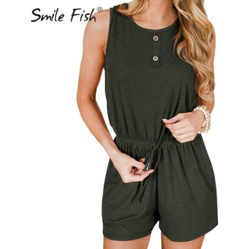 Sleeveles Playsuit Solid Casual Buttons Tunic O-neck Short Home Jumpsuit Pockets Chic Women Summer Clothes Off Shoulder G1455