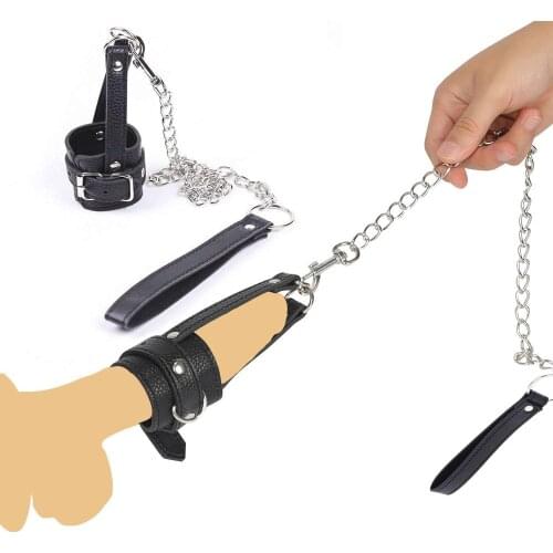 Leather Penis Sleeve Scrotum Ring Ball Stretcher Sex Aid Chain Leash BDSM Bondage Male Chastity Cage Cock Erection Ring Sex Toy