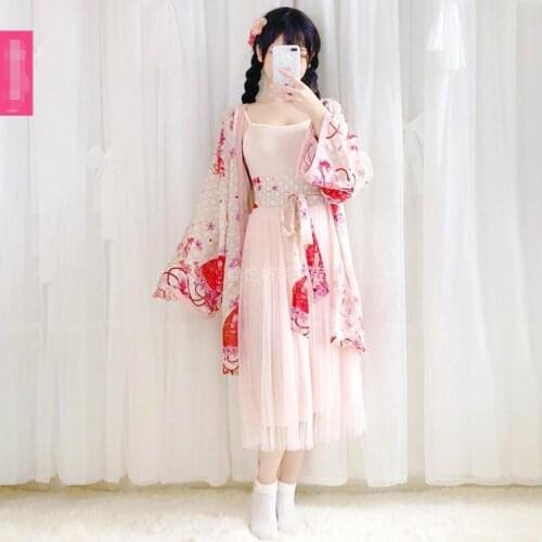 Japanese Lolita Sweet Dress Chinese Style Mori Girl Vintage Chiffon Cardigan + Spaghetti Strap Dress Kawaii Tea Party Two-Piece