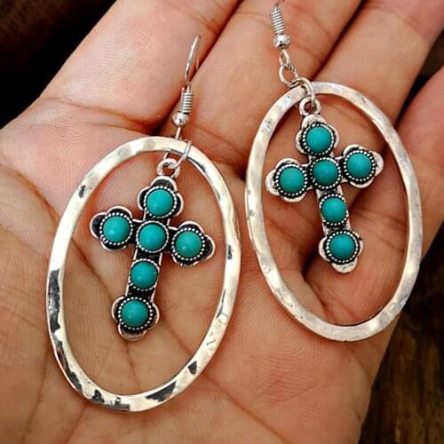 Fashion Boho Cross Turquoises Crochet Earrings For Women 2020 Vintage Large Oval Statement Earring Best Gift Jewelry Indian D375