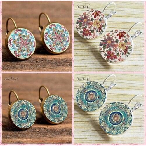 Fashion Charm Henna Yoga Amulet Ladies Round Earrings Glass Cabochon Earings Jewelry Mandala Symbol Bohemia Earrings for Women