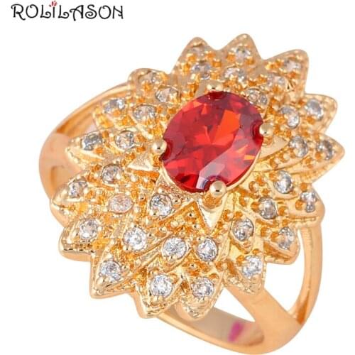 Most popular Shining AAA Red Zirconia & Crystal Gold tone Ring fashion jewelry USA Size #7 #6.5 #7.25 #8 #8.5 KR244