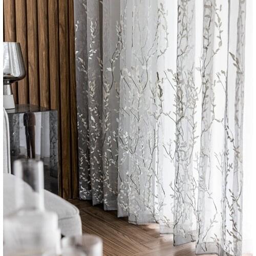 Gray Exquisite Leaves Embroidered Tulle Curtains for Bedroom Sheer Voile Panel Chinese Screen Window Curtain for Living Room