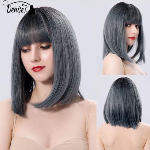 Gray Medium Straight Daily Hair Nutural Synthetic Wigs For Women With Bangs Heat Resistant Cosplay Wavy Female Colored Fiber Wig