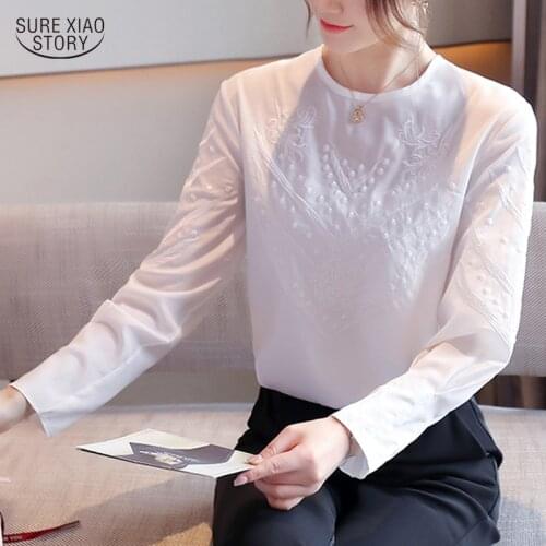Fairy Solid Blouse Ladies Silk Comfort Elegant Blouse Women Autumn Fashion Embroidery Delicate Ladies Shirt White Pullover 16115