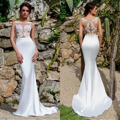 Alluring Satin Bateau Neckline See-through Bodice Mermaid Wedding Dress With Lace Appliques Sexy Illusion Bridal Gowns