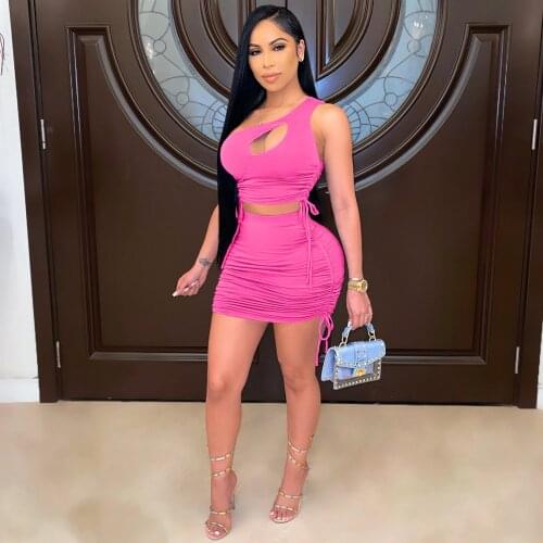 Sexy Two Piece Set One Shoulder Hollow Out Crop Top Draped Bandage Bodycon Mini Dress Women Vacation Outfits Club Matching Sets