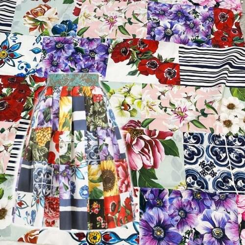 145cm Width Fashion lattice Splicing Flower Printed Cotton Fabric For Woman Blouse Summer Dress Pants DIY Cloth Sewing Material