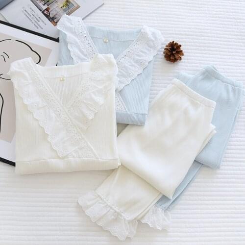 Spring and summer thin cotton knitted lace female set white princess style simple cotton pajamas home clothing