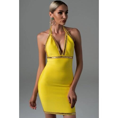 High Quality Black Deep V-neck Mantual Beading Backless Rayon Bandage Dress Homecoming Party Dress