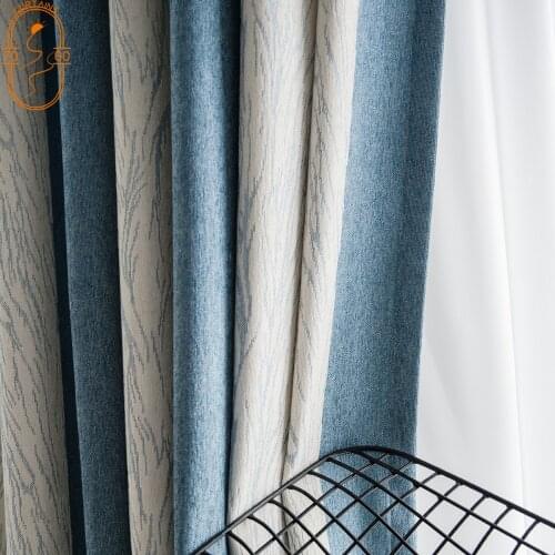 Mediterranean Modern Minimalist Style Blue Vertical Chenille Jacquard Blackout Curtains for Bedroom Living Room Curtains