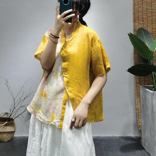 Women Summer Ramie Printed Blouse Ladies Loose Short Sleeve Loose Shirt Ramie Tops Female Vintage Thin Ramie Blouse