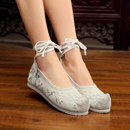 Women Cotton Fabric Embroidered Hanfu Shoes Platforms Ankle Strap Vintage Ladies Comfort Costume Dance Ballet Flats