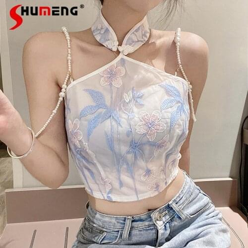 2021 Summer Chinese Style Pearl Chain Flower Pattern Halter Cheongsam Ladies Top Women Slim Fit Graceful Short Camisole Vest