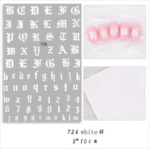 10PCS black and white gold and silver laser gold and silver gothic alphabet nail stickers for nail decoration design manicure