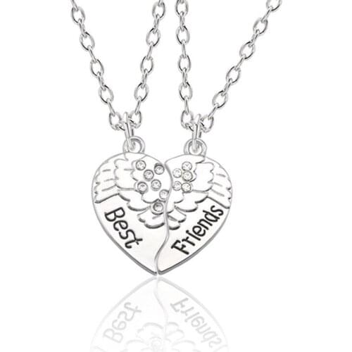 2 pcs/set Broken Heart Carved Wing Best Friends Charm Pendant Necklaces BFF Silver Color Shaped Statement Friendship Necklaces