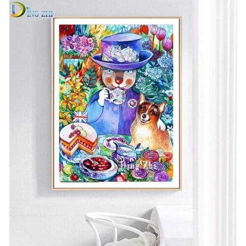 Diy Diamond Painting Mr.Cat And Dog Full Square Embroidery Cartoon Animal Flower Cross Stitch Cake, Afternoon Tea, Snack Decor