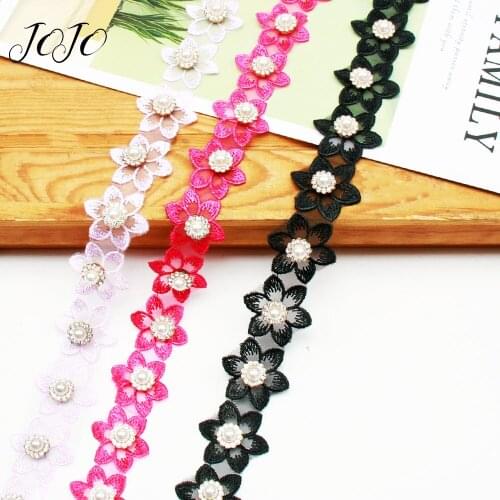 JOJO BOWS 30mm 1y Pearl Diamond Six Petal Flower Lace Ribbon For Needlework Apparel Sewing Material DIY Handmade Craft Supplies