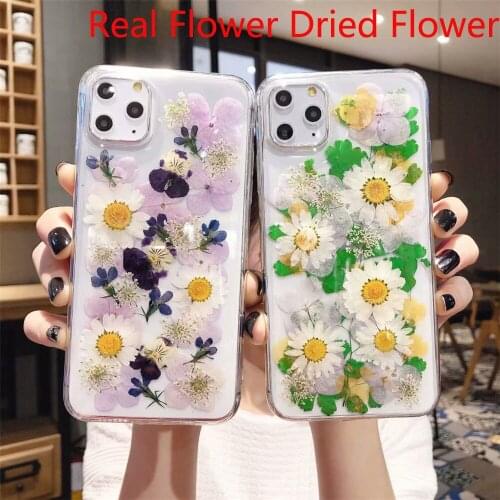 Phone Case sFor iPhone 11 Pro 7 8 Plus X XR XS Max Case Fashion Real Flower Dried Flower Transparent Soft Silicone Cover Capa