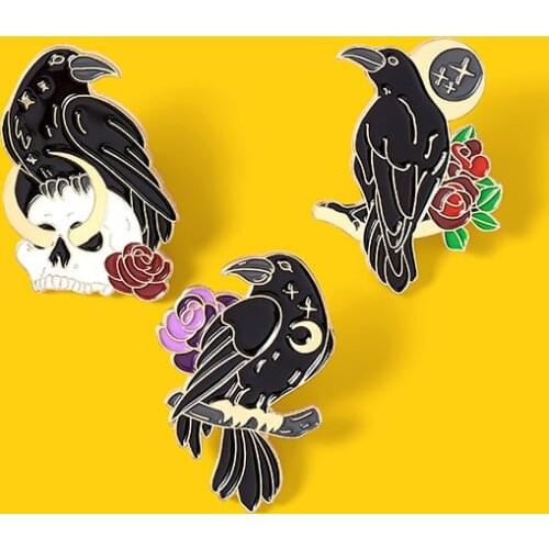 Cartoon Black Gothic Crow Enamel Pin Fashion Animal Brooch Denim Jeans shirts bags Celebrated fashion Jewelry Gift for Friends
