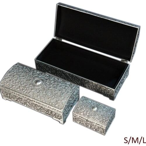 European Accents Vintage Rectangle Shaped Embossed Antique Pewter Jewelry Storage Metal Trinket Box Small Middle Large