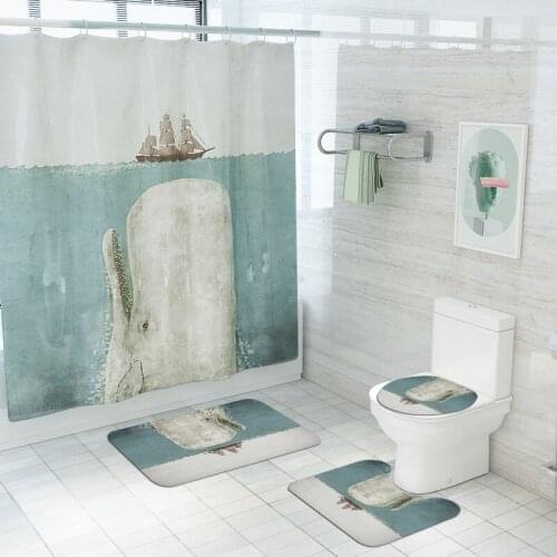 Giant Marine Life Shower Curtain Ocean Boat Sea Whale Non-Slip Bath Mats Toilet Seat Cover Rug Carpets Waterproof Curtains
