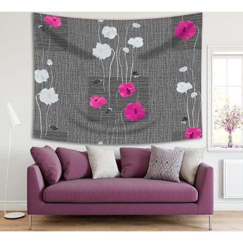 Tapestry Poppy Flowers on Dark Background with Squares Wild Nature Blooms Decorative Watercolor Art Fuchsia White Gray