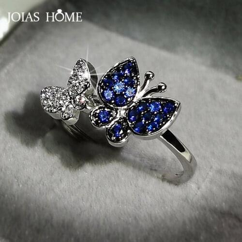 JoiasHome Silver 925 Jewelry Gemstones Butterfly Ring for Women White Blue AAA Zircon bowknot trendy women finger ring Size6-10