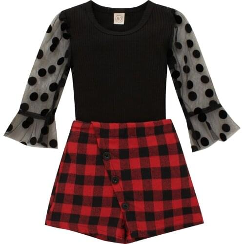 2Pcs Sweet Style Little Baby Girls Clothes Outfits Summer Mesh Splicing Dot Long Sleeve Round Collar Tops + Plaid Pantskirt Set