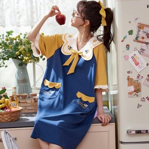 Summer Cute Short Sleeve Turn-down Collar Nightgowns For Women Cotton Sleepwear Funny Cartoon Bee Female Nightdress Home Dress