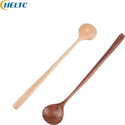Korean Style 27.5cm Long Spoons Wooden 100% Natural Wood Long Handle Round Spoons for Soup Cooking Mixing Stirr